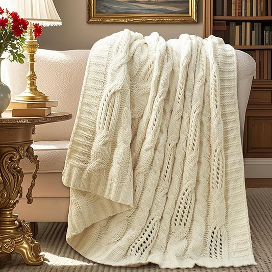 Amélie Home Chunky Knit Chenille Throw Blanket, Breathable Cable Knitted Blanket for Couch, Farmhouse Decorative Throw for Sofa Chair Bed, 60"x80", Ivory