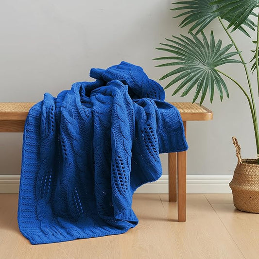 Amélie Home Chunky Knit Chenille Throw Blanket, Breathable Cable Knitted Blanket for Couch, Farmhouse Decorative Throw for Sofa Chair Bed, 50"x60", Blue