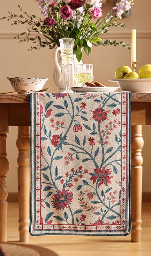 Farmhouse Berry Red Floral Table Runner for Coffee Table,Decorative Linen 87 Inches Long Table Runners,Decor Tabletop for Kitchen,Dining,Party,Home,Christmas,12"*87"
