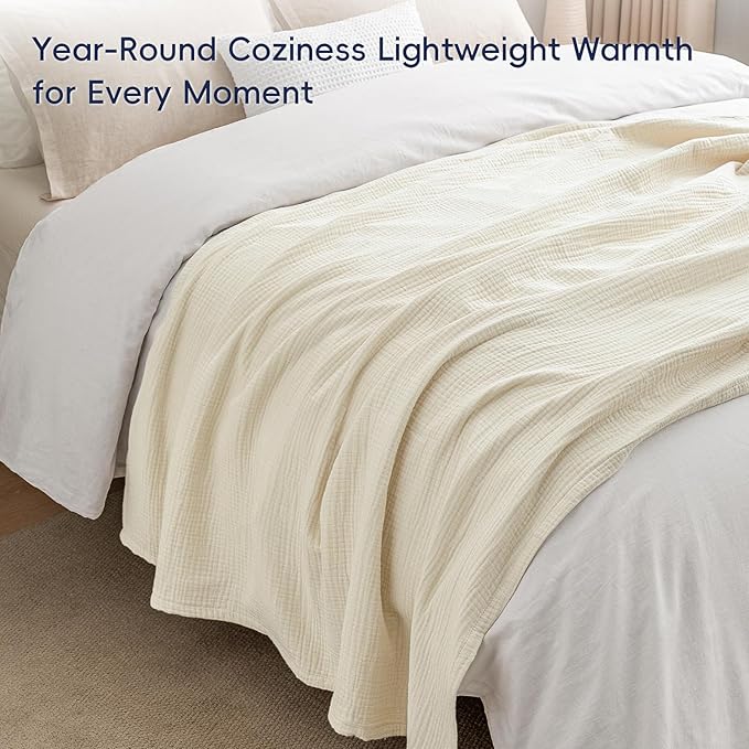 PHF 100% Cotton Muslin Throw Blanket 50" x 60", 4-Layer Lightweight and Breathable Blanket for Summer, Luxuriously Soft Gauze Throws for Couch, Natural Minimalism Style, Ideal Gift, Birch