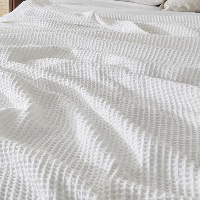 100% Cotton Blanket for King Size Bed - White Waffle Weave Lightweight Summer Bed Blanket - 102x90in Prewashed Breathable, Woven, Layering Blanket (King, White)