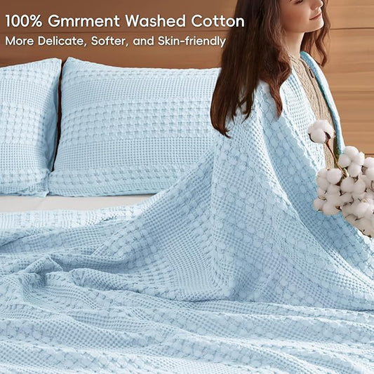 PHF 100% Cotton Waffle Weave Blanket Twin Size, Soft Lightweight Breathable Cozy Summer Blankets for Bed, Luxury Aesthetic Woven Bedding for Home Decor, 66"x90", Baby Blue
