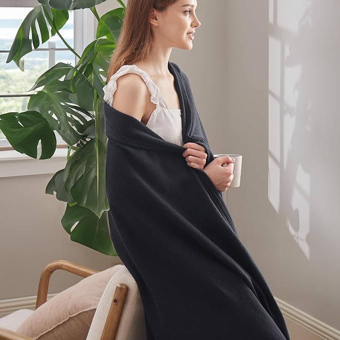 Bedsure 100% Cotton Blanket Twin XL Size for Bed - Breathable and Lightweight, Soft Cozy Textured Herringbone Woven Blanket for Summer Spring, Black, 66x90 inches