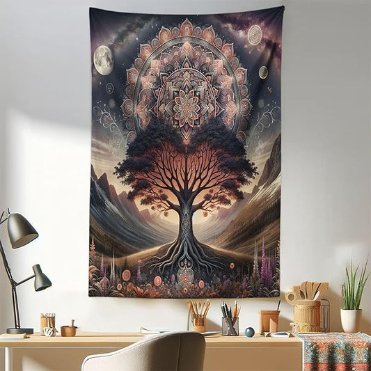 Ambesonne Hippie Tapestry, Scandi Myth Tree of Life and Trippy Floral Motif with Space Landscape, Fabric Wall Hanging Decor for Bedroom Living Room Dorm, 30" X 45", Dark Slate Blue Indigo