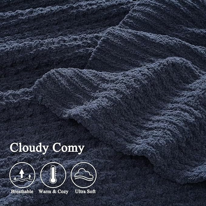 PHF Chenille Waffle Knit Blanket Twin Size- Plush Warm & Cozy 60" x 80" Ultra Soft Blanket- Chunky Fluffy Waffle Bedding for Home Decor - Navy Blue