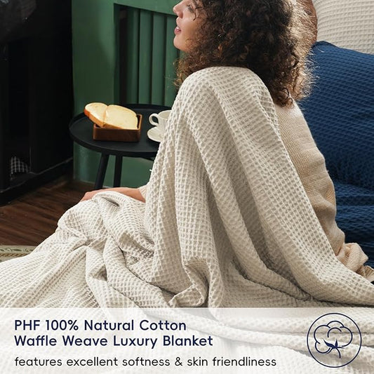 PHF Pre-Washed Cotton Waffle Weave Blanket Throw Size for Couch Bed,Snag Proof Spring Summer Lightweight Breathable,Oeko-TEX Certified,Machine Washable, Home Decor Gift-Linen/Stone