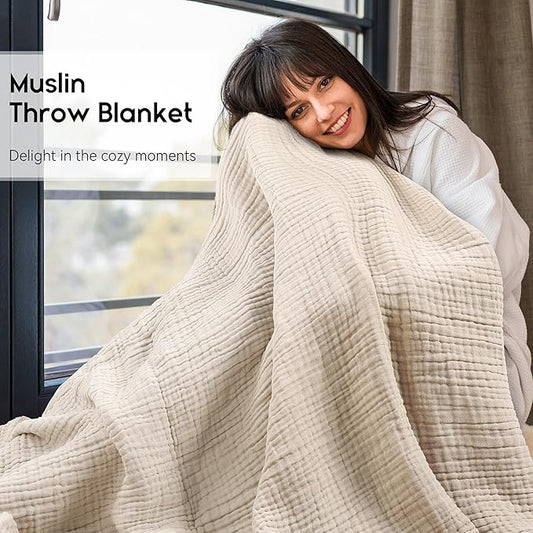 Yoofoss Muslin Blanket 100% Cotton Throw Large 50" x 60" for Bed Couch Summer Gauze Blanket for Adults Lightweight and Breathable Apricot White