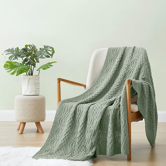 Aormenzy Sage Green Cable Knit Throw Blanket, Soft & Warm Knitted Blanket Oversized for Couch Bed Sofa Living Room, 60 x 80 inch