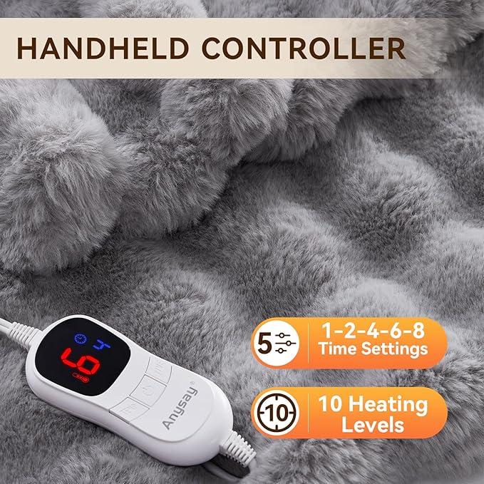 Heated Blanket Throw with 1/2/4/6/8 Hours Auto-Off 10 Heat Level, 72'' * 84'' Cozy Faux Rabbit Fur Bubble Electric Blanket with Overheat Protection(Light Grey)