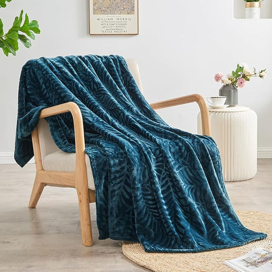 SOCHOW Super Soft Flannel Fleece Bed Blanket, Lightweight Cozy Warm Leaves Textured Plush Blanket as Bedspread Coverlet Bed Cover for All Seasons, 90 x 90 Inches, Blue Coral