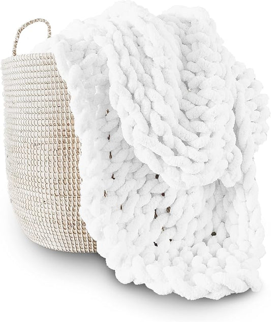 Adyrescia Chunky Knit Blanket Throw | 100% Hand Knit with Jumbo Chenille Yarn (40"x50", Bright White)
