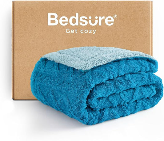 Bedsure Sherpa Fleece Blanket Twin Size for Bed - Fuzzy Soft Cozy Cable Throw for Couch, Thick Warm Blankets for Winter, Horizon Blue, 60x80 Inches