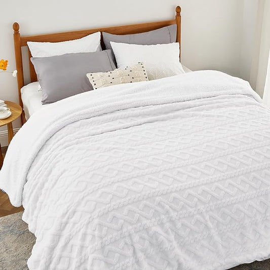 Bedsure Sherpa King Size Blanket for Bed- Fleece Soft Cozy Fuzzy Cable Blankets for Women, Thick Warm for Winter and All Seasons, White, 108x90 Inches