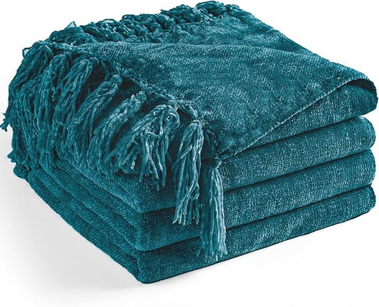 Chenille Throw Blanket for Couch 60"X 80" Twin, Soft Cozy Throws with Fringe Tassel for Bed Sofa Chair, Lightweight Knitted Decorative Farmhouse Boho Blankets for Gift, Teal