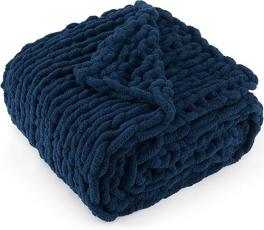 Chunky Knit Throw Blanket 60"X 80", 100% Handmade with Soft Chenille Yarn, 6.7lbs Thick Cable Knitted Blankets, Large Rope Knot Crochet Throws for Couch Sofa Bed Home Decor, Navy Blue