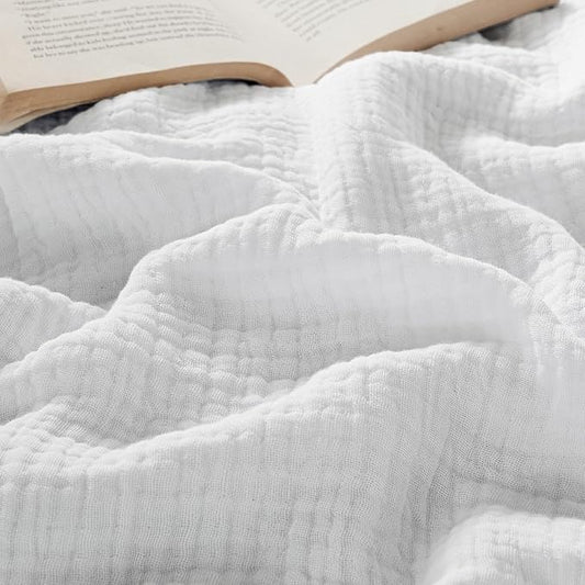 Bedsure 100% Cotton Muslin Throw Blanket Large 50x70 Inches - 4-Layer Breathable and Lightweight Thin Soft Summer Gauze Muslin Blanket for Adults, White