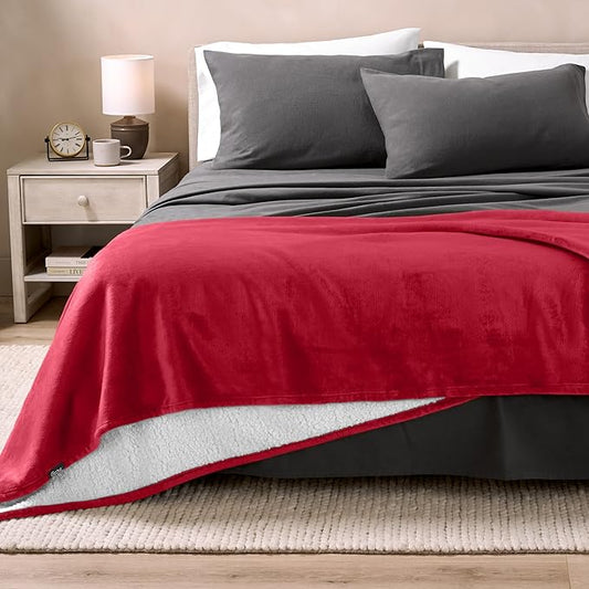 Bare Home Sherpa Fleece Blanket - King Size - Blanket for Bed, Sofa, and Couch - Warm & Lightweight - Fluffy & Soft - Reversible (King, Red)