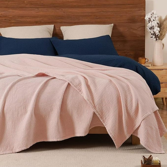 PHF 100% Cotton Waffle Muslin Blanket Queen Size, 90" x 90" Lightweight and Breathable Washed Cotton Blanket, Aesthetic Soft Muslin Waffle Bedding for Sofa Bed Home Decor, Rose Smoke