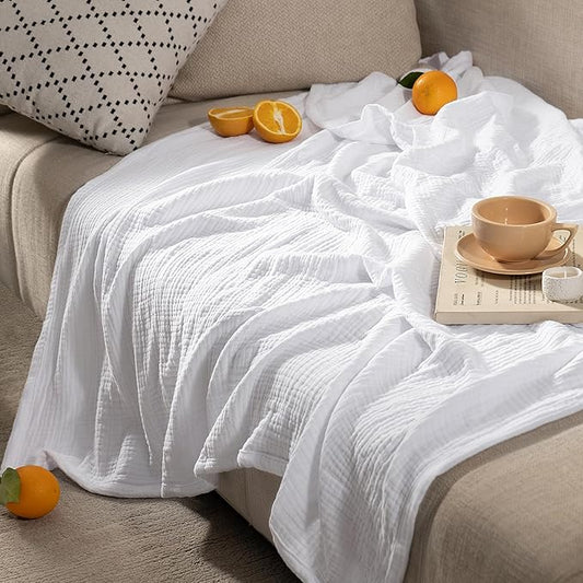 PHF 100% Cotton Muslin Throw Blanket Large 50" x 70", 4-Layer Lightweight and Breathable Blanket for Summer, Luxuriously Soft Gauze Throws for Couch, Natural Minimalism Style, Ideal Gift, White