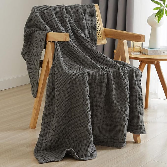 PHF 100% Cotton Waffle Weave Throw Blanket, Soft Lightweight Breathable Cozy Summer Throws for Couch Bed Sofa, Luxury Aesthetic Woven Blanket for Home Decor & Office, 50"x60", Charcoal Grey