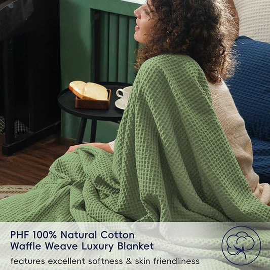 PHF Pre-Washed Cotton Waffle Weave Blanket Queen Size for Bed,Snag Proof Throw Blanket for Couch Spring Summer Lightweight Breathable,Oeko-TEX Certified,Machine Washable, Home Decor Gift，Loden Green