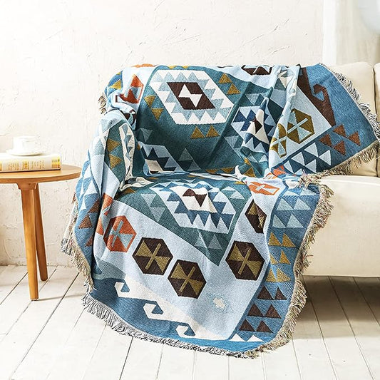 Luxlovery Blue Bohemian Sofa Throw Blankets Ethnic Woven Boho Geometric Blue and Khaki Throw Blanket for Couch Aztec Bed Throws Oversized Chair Sofa Cover with Tassels(63"x86")