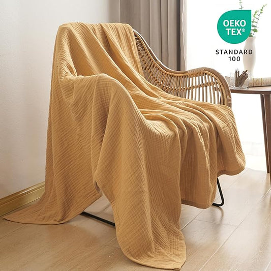 PHF 100% Cotton Muslin Throw Blanket 50" x 60", 4-Layer Lightweight and Breathable Blanket for Summer, Luxuriously Soft Gauze Throws for Couch, Natural Minimalism Style, Ideal Gift, Honey Yellow