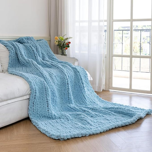 Chunky Knit Blanket - Luxury Soft Cozy Queen Size(40 * 50) Throw Blanket,100% Woven Blanket Rope Knot Throw Blanket for Couch, Sofa, Home Decor, Gift - Machine Washable（Light Blue）
