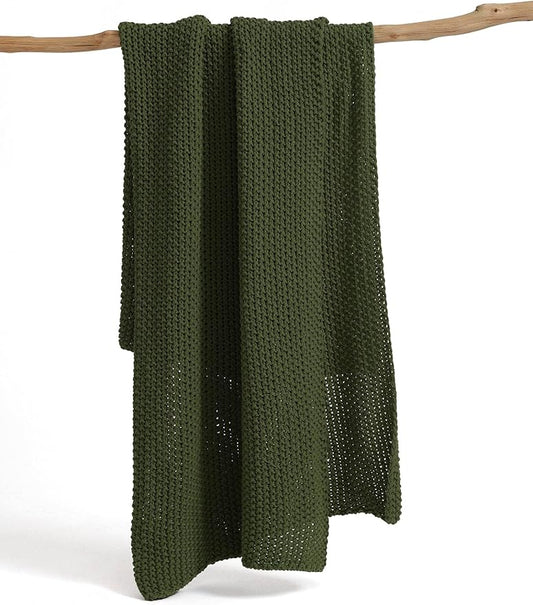 Chunky Cotton Knit Throw Blanket, Light Weight Cable Knit Throws for Bed Couch Sofa, Comfy & Relaxing, Decorative Piece for Farmhouse Rustic Scandinavian Chic Vibe, Mountain Green 60x80 Inches