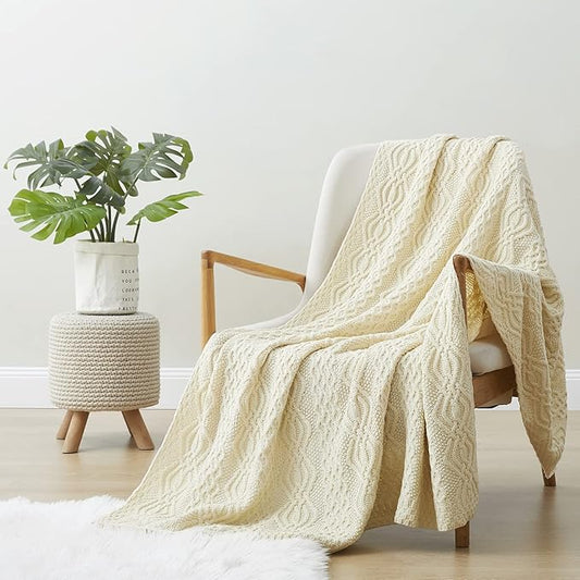 Aormenzy Ivory Cable Knit Throw Blanket, Soft & Warm Knitted Blanket Throw for Couch Bed Sofa Living Room, 50 x 60 inch