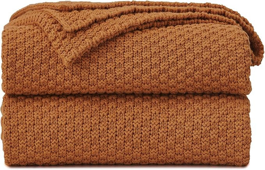 Longhui bedding Burnt Orange Knitted Throw Blanket for Couch, Soft, Cozy Machine Washable 100% Cotton Sofa Knit Blankets, Heavy 4.0lb Weight, 60 x 80 Inches, Laundry Bag Included