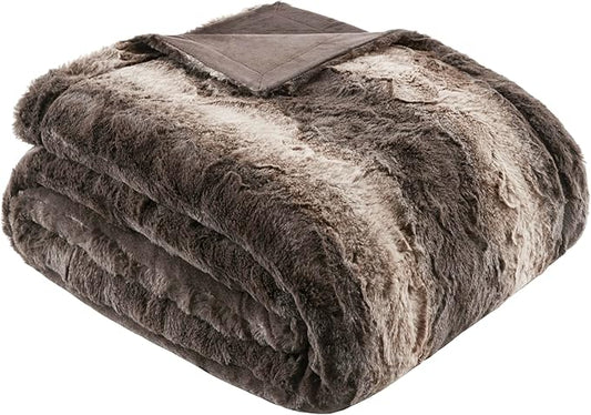 Zuri Ultra-Soft Poly Fur Reversible Plush Blanket - All Season & Lightweight Fuzzy Blanket for Bed, Couch & Sofa - Twin/Twin XL Brown