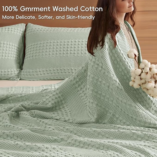 PHF 100% Cotton Waffle Weave Blanket Queen Size, Soft Lightweight Breathable Cozy Summer Blankets for Bed, Luxury Aesthetic Woven Bedding for Home Decor, 90"x90", Sage Green