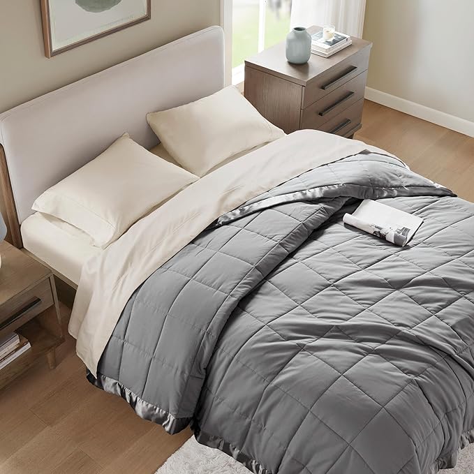 Madison Park Windom Down Alternative Blanket, Premium 3M Scotchgard Moisture Wicking Treatment, Lightweight and Soft Bed Cover For All Season, Satin Trim, Charcoal Full/Queen