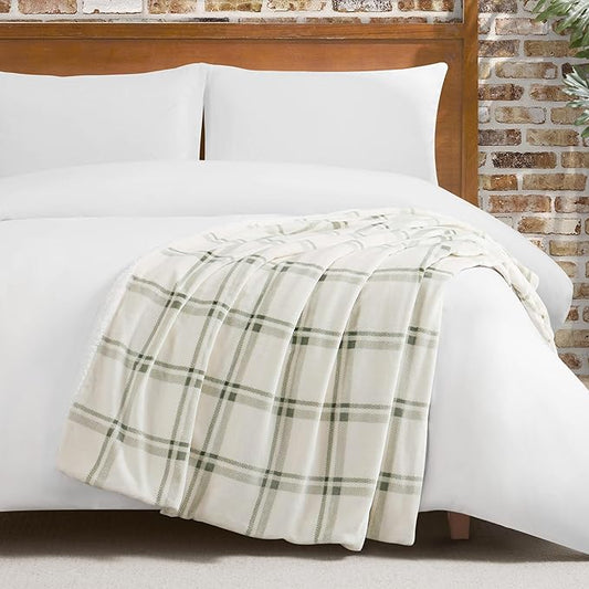 Lucky Brand Sherpa Plaid Olive/Sage 50"X70" Cozy Plush Blanket - Premium Microfiber Throw for Luxurious Comfort and Style