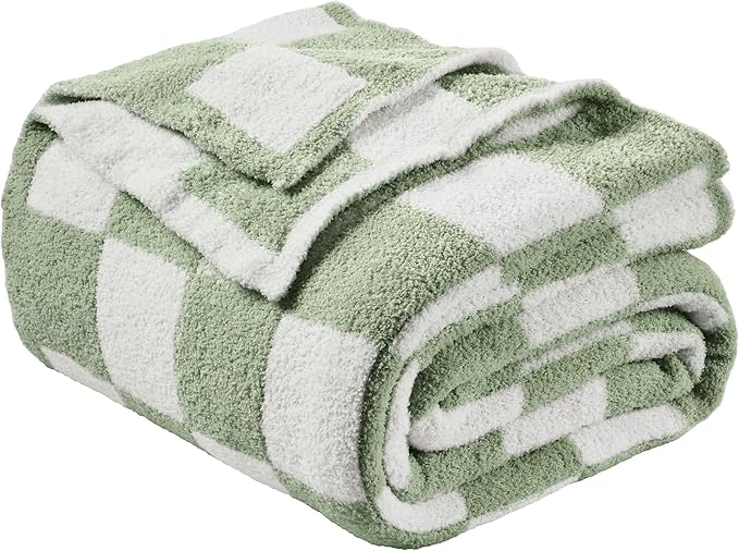 JOOJA Soft Blanket Cozy Checkerboard Sage Bed Blanket Fluffy Knit Throw Blanket Queen Size Plaid Checkered Blanket Sage 90x90 in