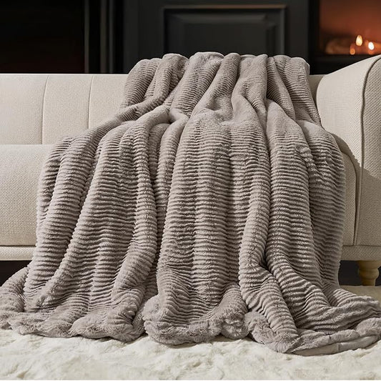 Ultra Soft Faux Fur Throw Blanket for Couch, Luxury Sculpted Texture Faux Rabbit Fur Blanket for Bed, Fluffy Thick Plush Warm Fuzzy Throw, 920GSM (Taupe, 60''x80'')