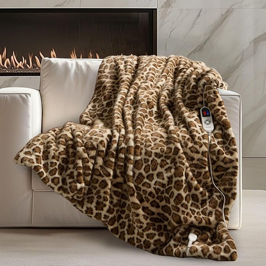 Luxury Faux Fur Heated Blanket Electric Throw - Leopard Print Ultra Soft Thick Warm Heated Blanket, 6 Heating Levels & 12 Hours Auto-Off, ETL Certified, Washable, Luxurious Gifts, 50''x60''