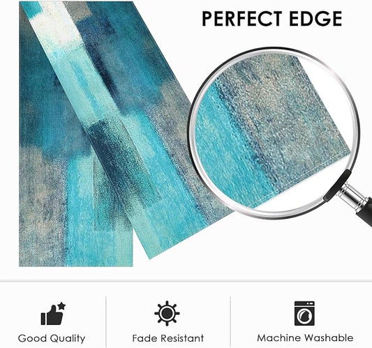 Emvency Farmhouse Table Runner, Modern Teal and Grey Abstract Art Painting for Kitchen Coffee Table Family Dinners Holiday Parties Wedding Events Decor(13x60 inch)