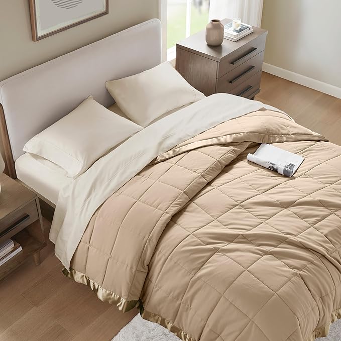 Madison Park Windom Down Alternative Blanket, Premium 3M Scotchgard Moisture Wicking Treatment, Lightweight and Soft Bed Cover For All Season, Satin Trim, Brown Twin