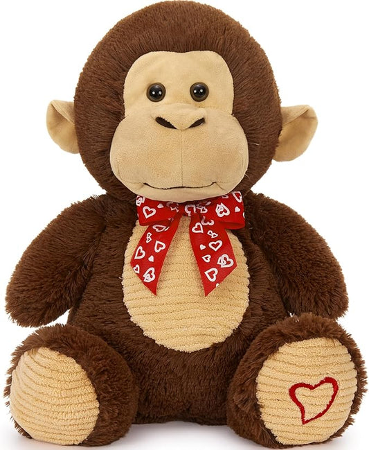 Valentine Monkey Stuffed Animal, Monkey Plush Toy with Red Heart Bow Tie and Embroidered Heart Footprints, 15" Soft Cuddly Stuffed Monkeys for Girls Boys Kids, Christmas Birthday Gift