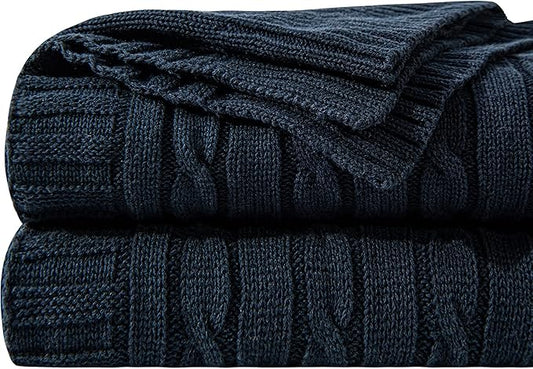NTBAY 100% Pure Cotton Oversize (60x80) Cable Knit Throw Blanket, Super Soft Warm Knitted Throw Blanket for Bed, Sofa, Chair, Couch - Extra Cozy, Machine Washable, Comfortable Home Decor, Navy