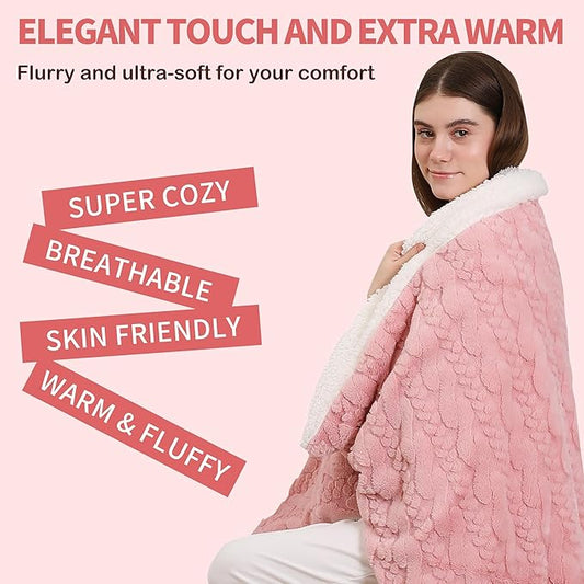 ESTINGO Electric Blanket Throw - 50x60 Rabbit Faux Fur Heating Blanket Throw 4 Hours Auto-Off 5 Heat Levels Overheat Protection Luxury Faux Fur Sherpa Heated Blanket ETL Certification, Candy Pink