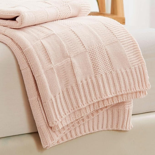 Aganear Knit Throw Blanket for Couch, Checkered Cable Knitted Throw Blanket for All Seasons, Soft Cozy Lightweight Knit Blanket for Bed Office Travel Boho Pink Decor (50"x60", Cream)