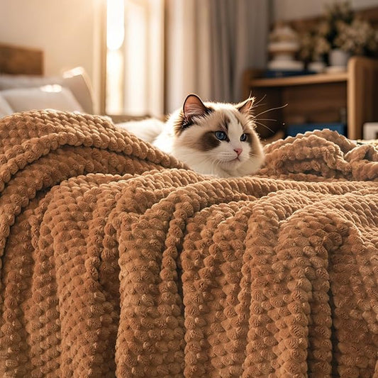 PHF Ultra Soft Flannel Fleece Blanket Queen Size, Lightweight 3D Jacquard Fleece Blanket, No Shedding, No Pilling, Luxury 340GSM Aesthetic Fluffy Cozy for Bed Room Decor, 90"x90", Terracotta