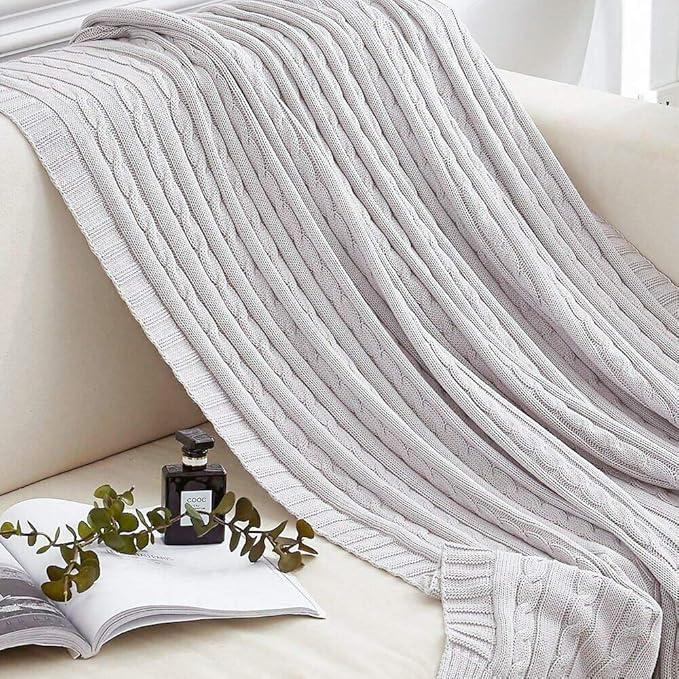 NTBAY 100% Pure Cotton Cable Knit Throw Blanket, Super Soft Warm 51x67 Knitted Throw Blanket for Couch, Sofa, Chair, Bed - Extra Cozy, Machine Washable, Comfortable Home Decor, Silver Grey
