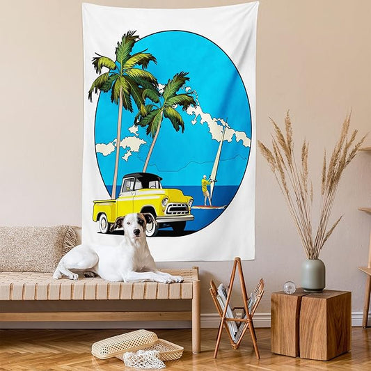 Ambesonne Retro Tapestry, Graphic Design Nostalgic Chevy Car a Sailer Guy in the Ocean Palms Vivid Sky Seaside, Wall Hanging for Bedroom Living Room Dorm Decor, 40" X 60", White Blue