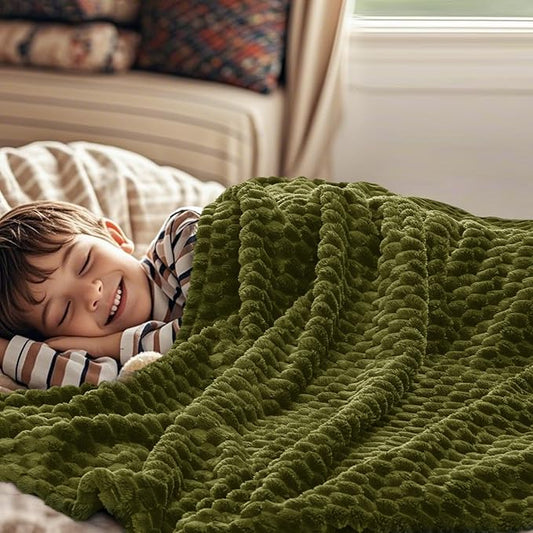 PHF Ultra Soft Flannel Fleece Throw Blanket, Lightweight 3D Jacquard Fleece Blanket, No Shedding, No Pilling, Luxury 340GSM Aesthetic Fluffy Cozy Throws for Couch Room Decor, 50"x60", Olive Green