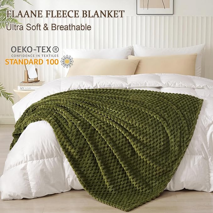 PHF Ultra Soft Flannel Fleece Throw Blanket, Lightweight 3D Jacquard Fleece Blanket, No Shedding, No Pilling, Luxury 340GSM Aesthetic Fluffy Cozy Throws for Couch Room Decor, 50"x60", Olive Green