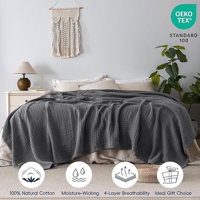 PHF 100% Cotton Muslin Blanket Twin Size 66" x 90", 4-Layer Lightweight and Breathable Blanket for Summer, Luxuriously Soft Gauze Bedding for Bed, Natural Minimalism Style, Ideal Gift, Greyish Black